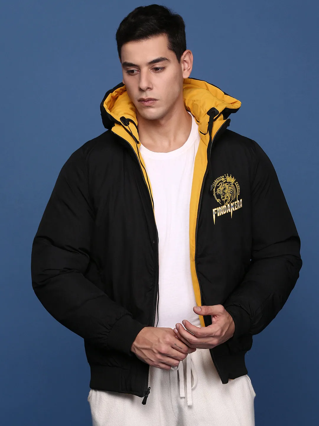 Men Yellow Mock Collar Solid Windcheater Reversible Puffer Jacket with Detachable Hoodie