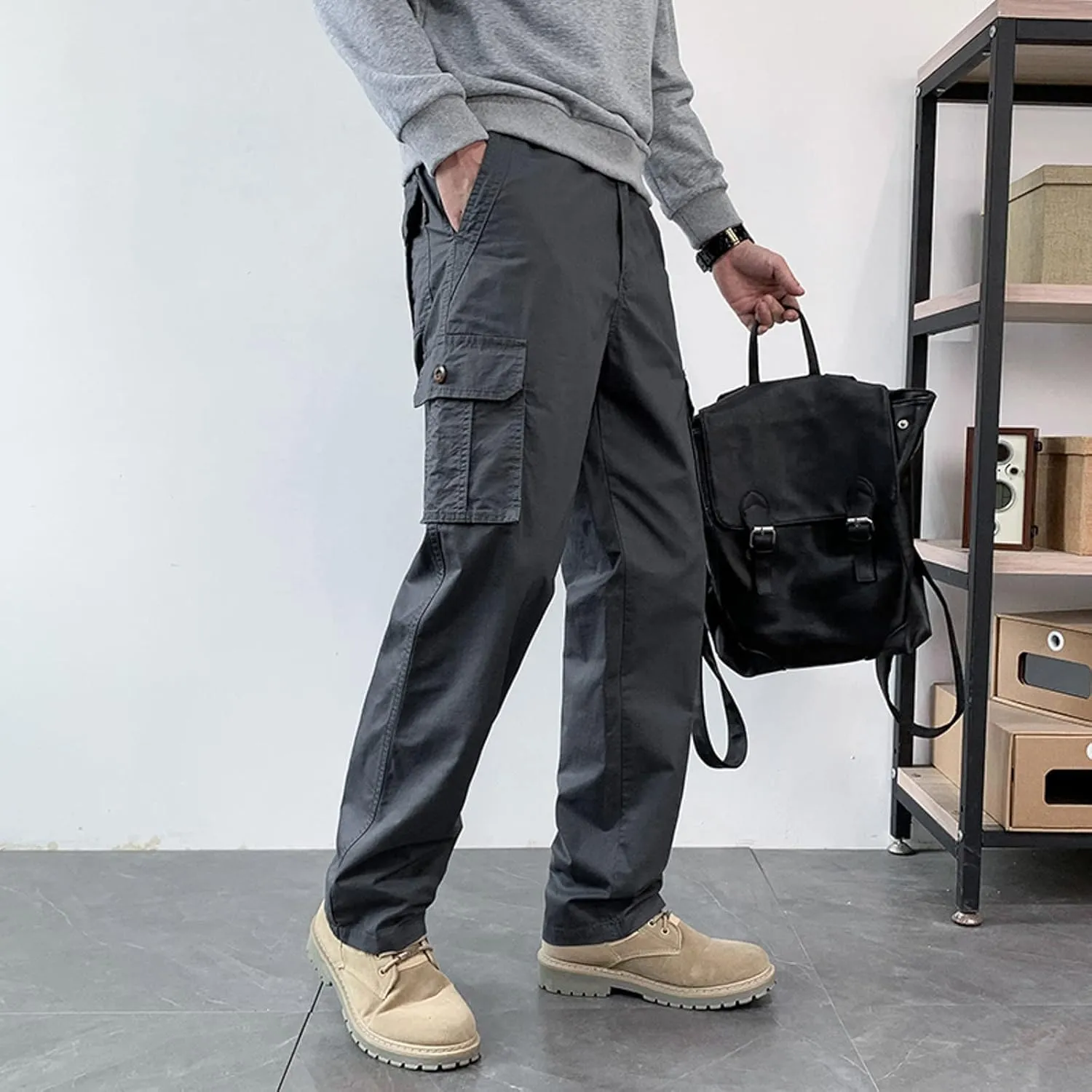 Mens Cargo Sweatpants Multi-Pockets Casual Plus Size Track Pants Zip Elastic Waist Loose Fit Durable Tactical Pants