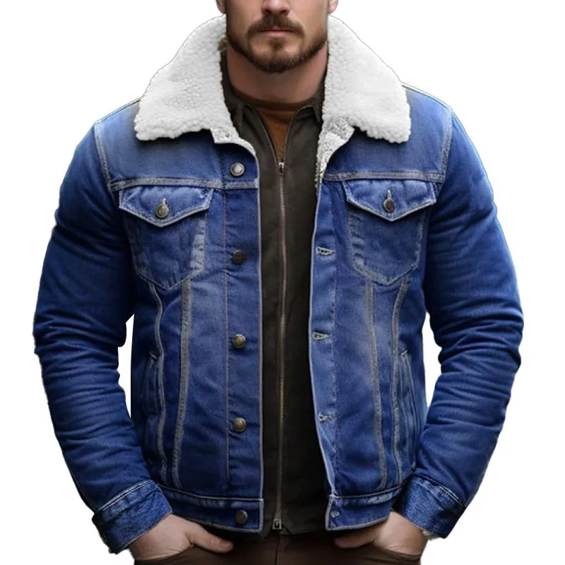 Men's Casual Teddy Fleece Insulated Long Sleeve Denim Jacket 23410323Y