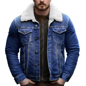 Men's Casual Teddy Fleece Insulated Long Sleeve Denim Jacket 23410323Y