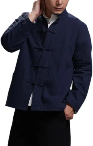 Men's Chinese Linen Cotton Blouse Shirts Long Sleeve Frog-Button Jacket Shirt Tai Chi Kung Fu Shirts with Pocket