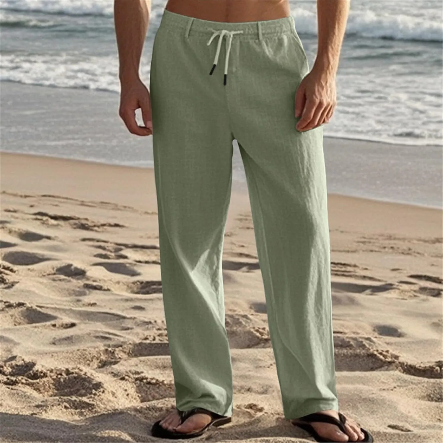 Men's Cotton Linen Pants Loose Fit Straight Legs Elastic Waist Drawstring Lounge Trousers Plus Size Baggy Beach Pants