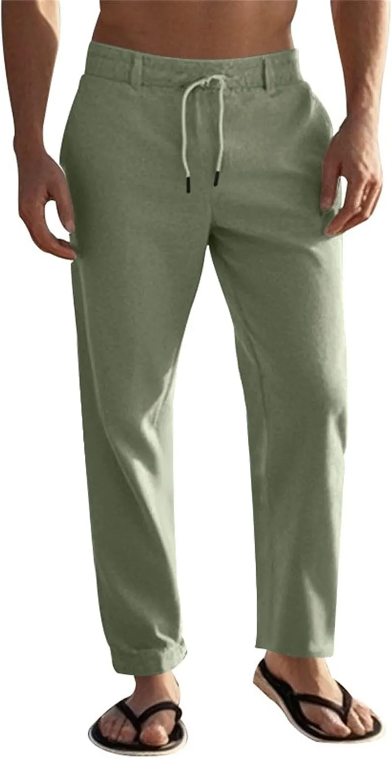 Men's Cotton Linen Pants Loose Fit Straight Legs Elastic Waist Drawstring Lounge Trousers Plus Size Baggy Beach Pants