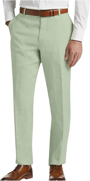 Mens Cotton Linen Suit Pants Classic Fit Casual Business Dress Pant Lightweight Wrinkle Free Stretchy Lounge Trousers