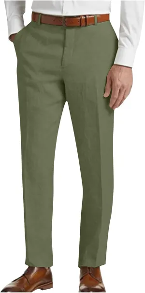 Mens Cotton Linen Suit Pants Classic Fit Casual Business Dress Pant Lightweight Wrinkle Free Stretchy Lounge Trousers