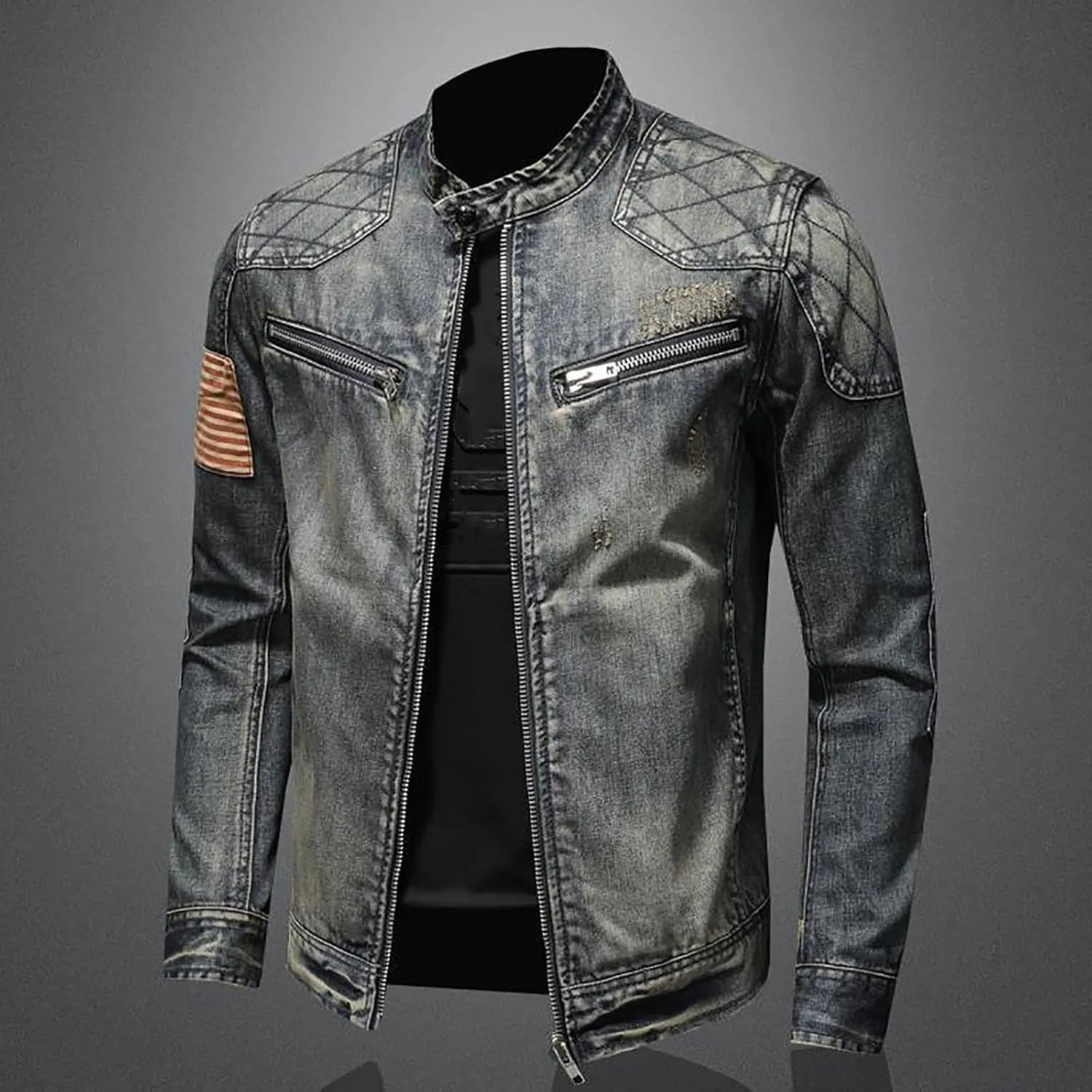 Men's Denim Jacket Fashion Punk Style Hipster Streetwear Coat Zip Pocket Stand Collar Plus Size Cargo Outwear Tops