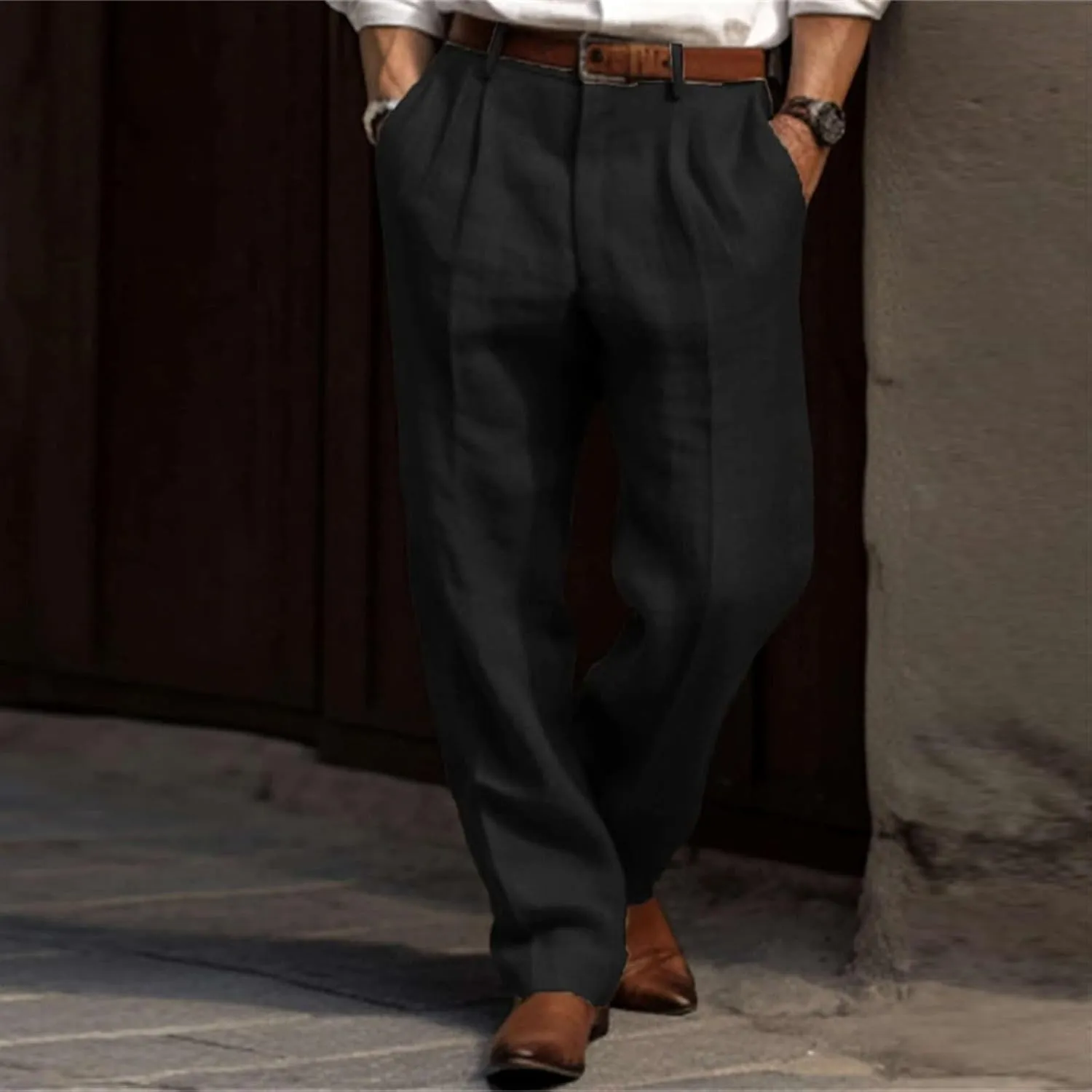 Mens Dress Pants Relaxed Fit Casual Cotton Linen Pleated Work Suit Pants Summer Straight Leg Slacks Comfort Trousers