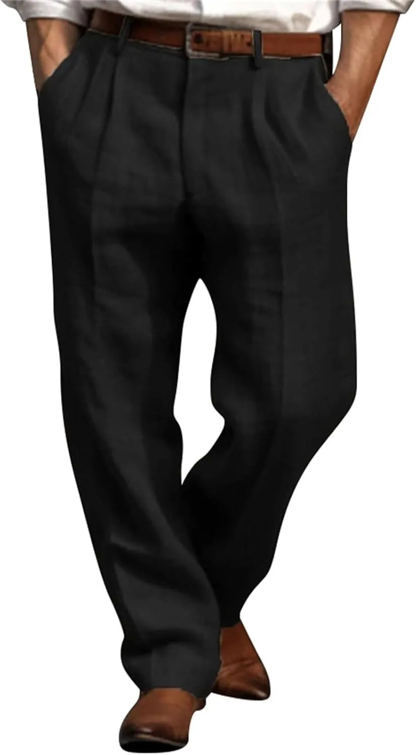 Mens Dress Pants Relaxed Fit Casual Cotton Linen Pleated Work Suit Pants Summer Straight Leg Slacks Comfort Trousers