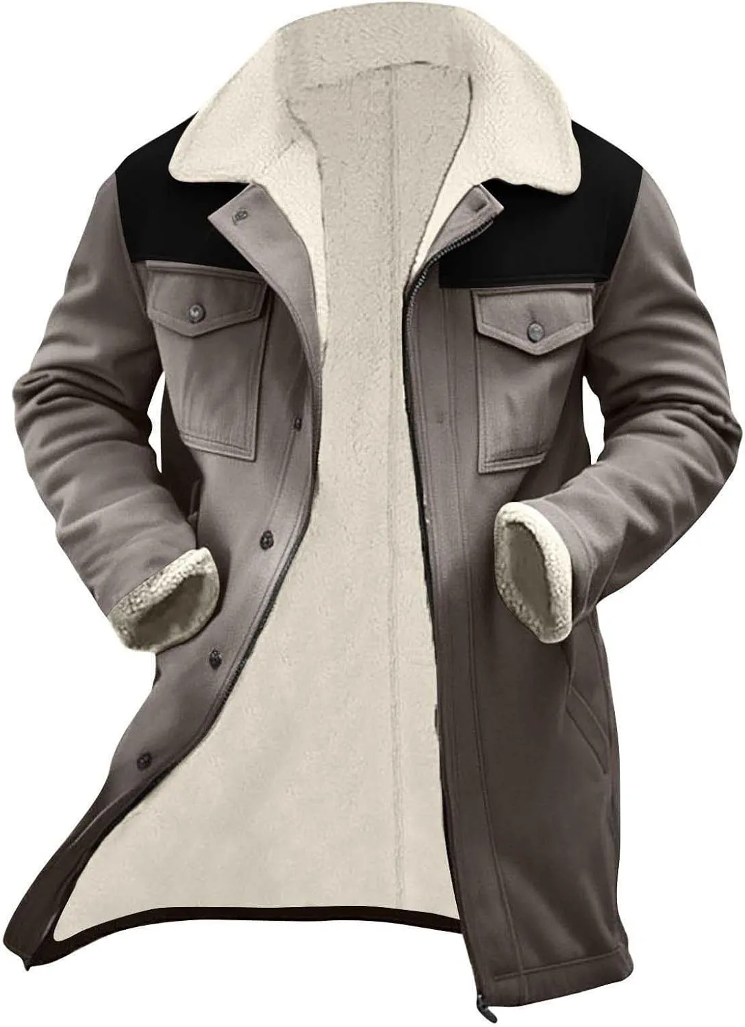 Men's Faux Shearling Sherpa Lined Overcoat Retro Faux Suede Trench Coat Notched Collar Pea Coat Button Down Outerwear