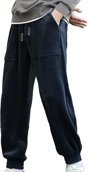 Mens Korean Corduroy Pants Casual Loose Fit Fashion Hip Hop Streetwear Chino Cargo Sweatpant Skater Pants with Pocket