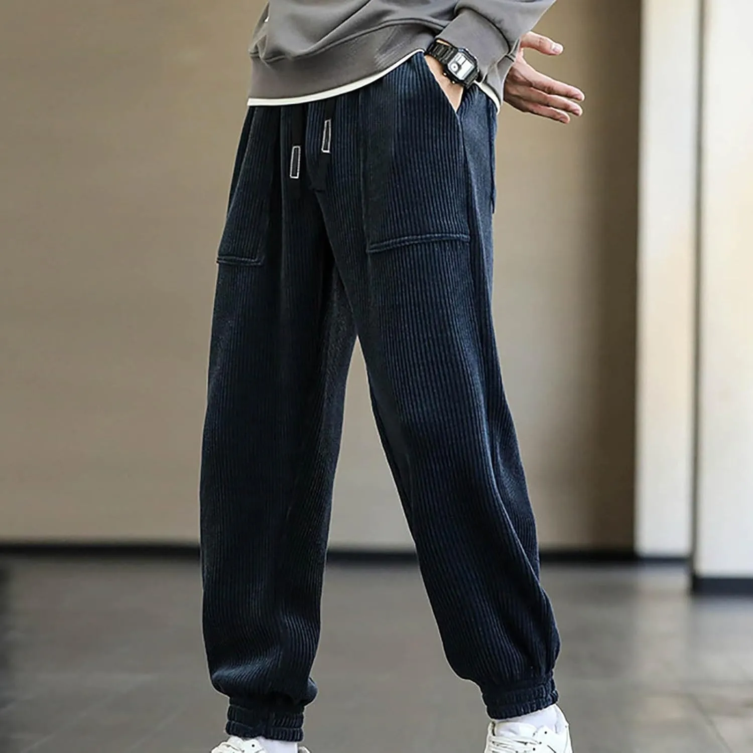 Mens Korean Corduroy Pants Casual Loose Fit Fashion Hip Hop Streetwear Chino Cargo Sweatpant Skater Pants with Pocket
