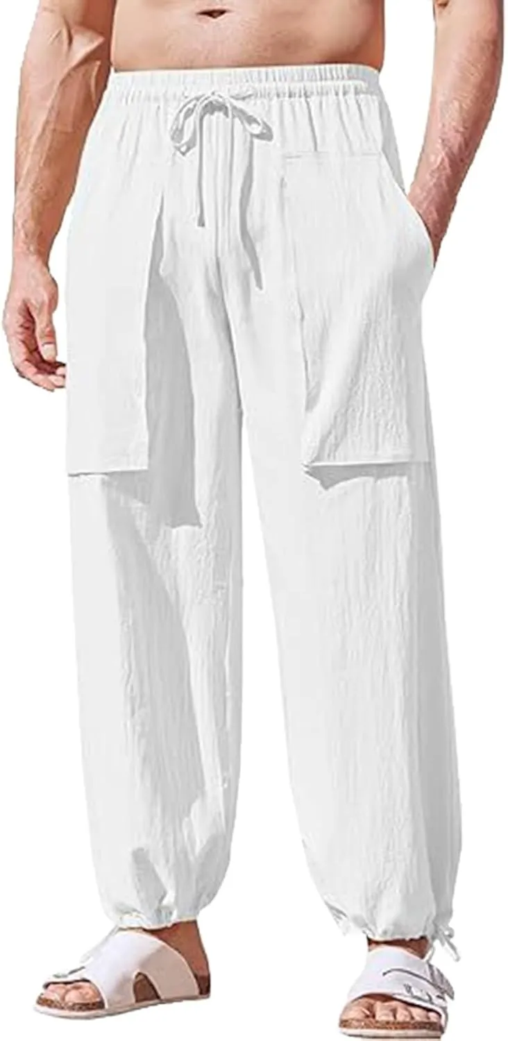 Men's Linen Pants Cargo Casual Pants Drawstring Elastic Waist Tapered Slacks Summer Beach Trousers with Multi Pockets