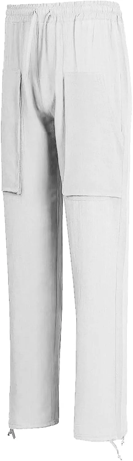 Men's Linen Pants Cargo Casual Pants Drawstring Elastic Waist Tapered Slacks Summer Beach Trousers with Multi Pockets