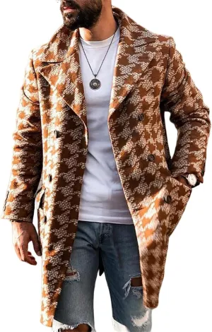 Men's Long Suit Jacket Houndstooth Trench Coat Double Breasted Notched Collar Winter Overcoat Casual Pea Coats