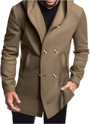 Mens Mid Long Trench Coat with Hood Winter Double Breasted Pea Coat Warm Lapel Work Business Jacket Windproof Overcoat