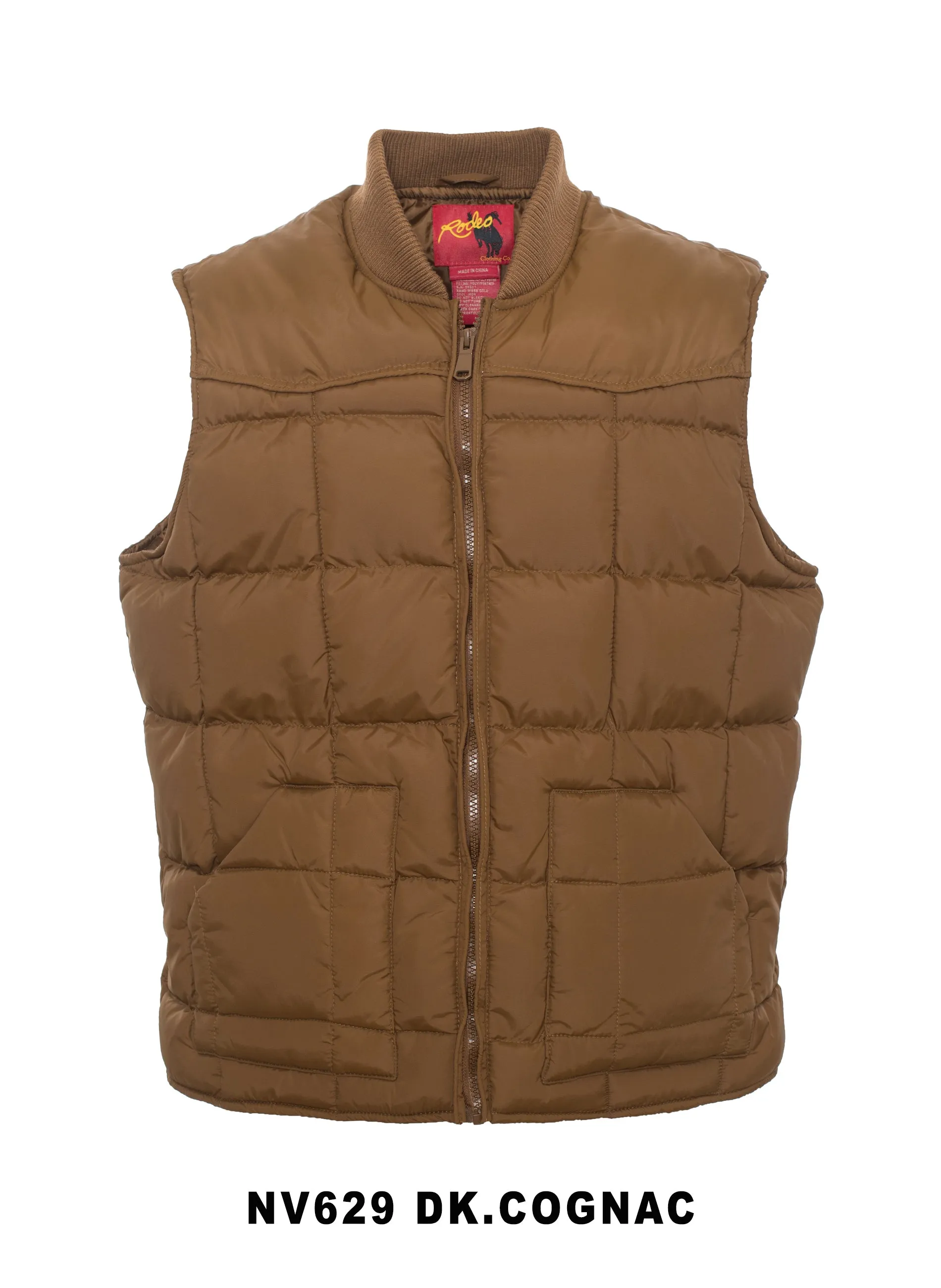 Men's Nylon Quilted Sleeveless Vest With Embroidery-NV629/EMB-COGNAC