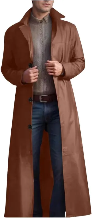 Mens Vintage Faux Leather Trench Coat Full Length Brown Classic Ww2 Military Leather Jacket Steampunk Moto Overcoat
