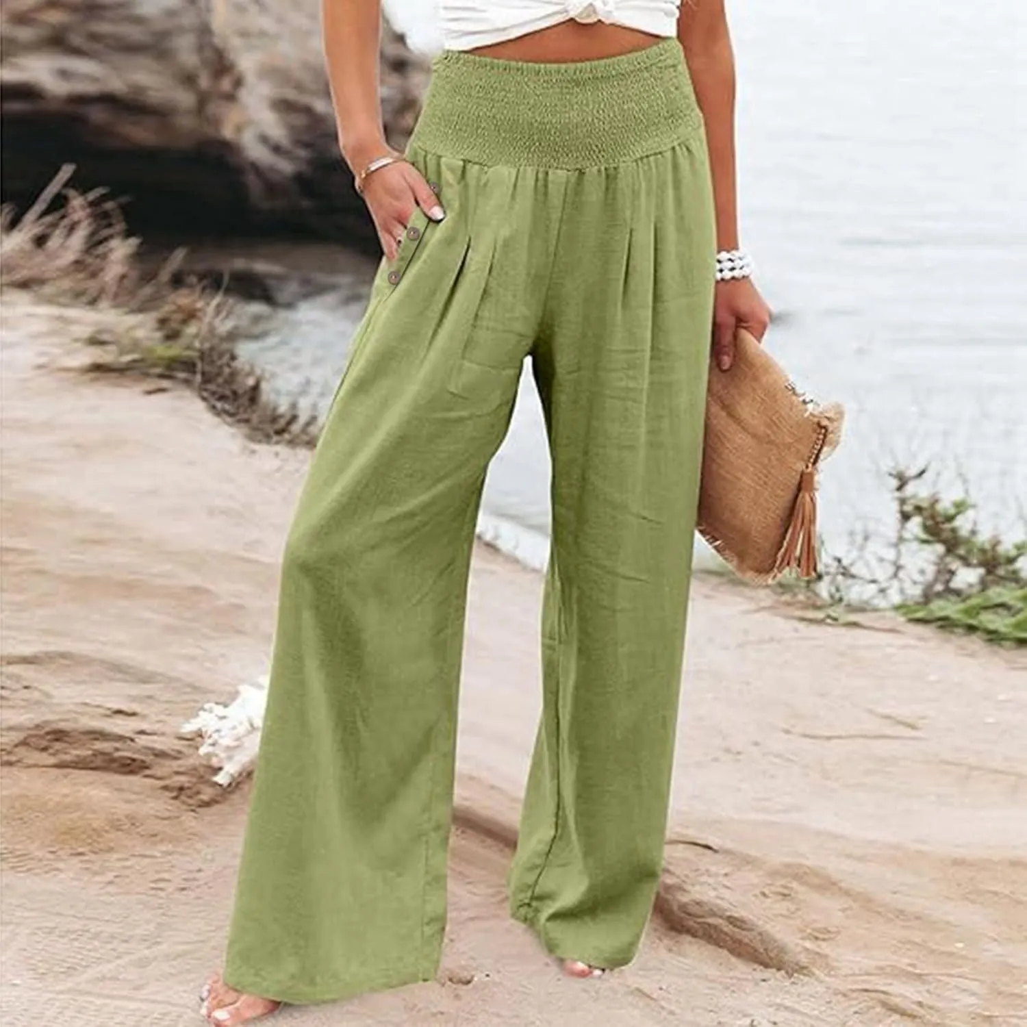 Miyaomn Casual Smocked Linen Palazzo Pants for Women Summer Boho Wide Leg High Waist Long Flowy Lounge Trousers with Pockets