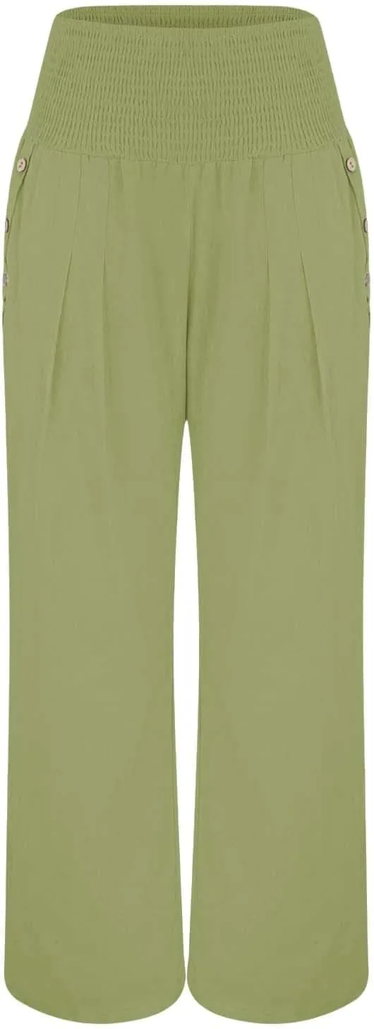Miyaomn Casual Smocked Linen Palazzo Pants for Women Summer Boho Wide Leg High Waist Long Flowy Lounge Trousers with Pockets