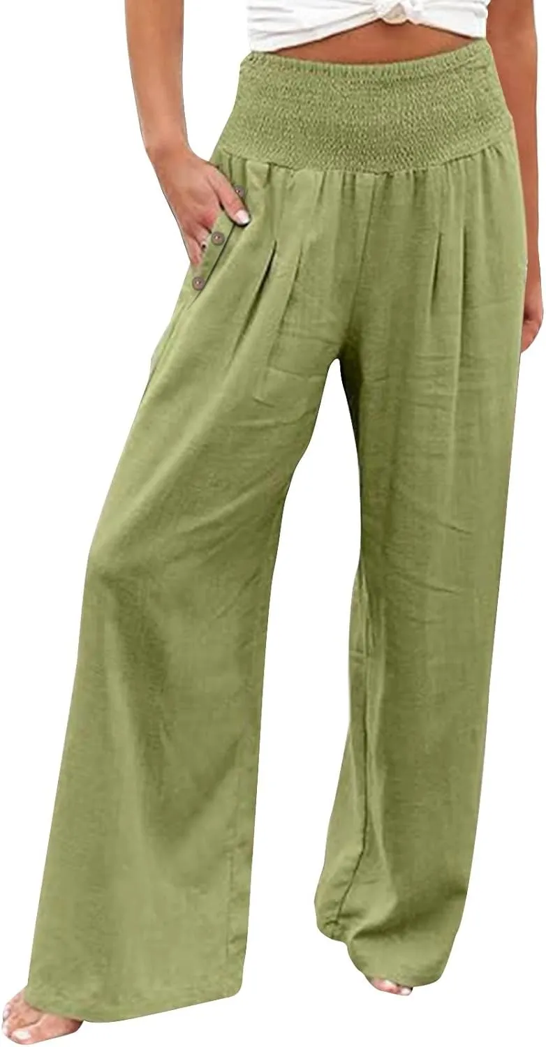 Miyaomn Casual Smocked Linen Palazzo Pants for Women Summer Boho Wide Leg High Waist Long Flowy Lounge Trousers with Pockets