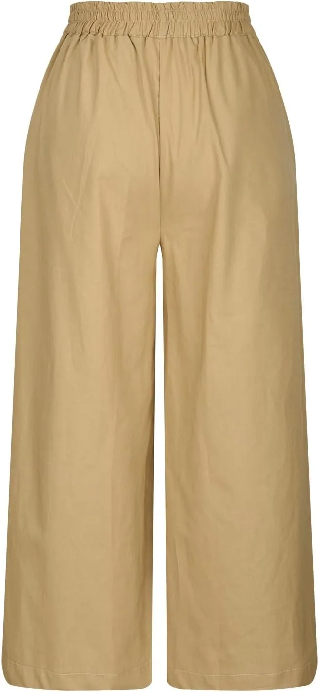Miyaomn Women's Wide Leg Linen Palazzo Pants Lightweight High Waisted Beach Trousers Summer Business Office Work Suit Pants