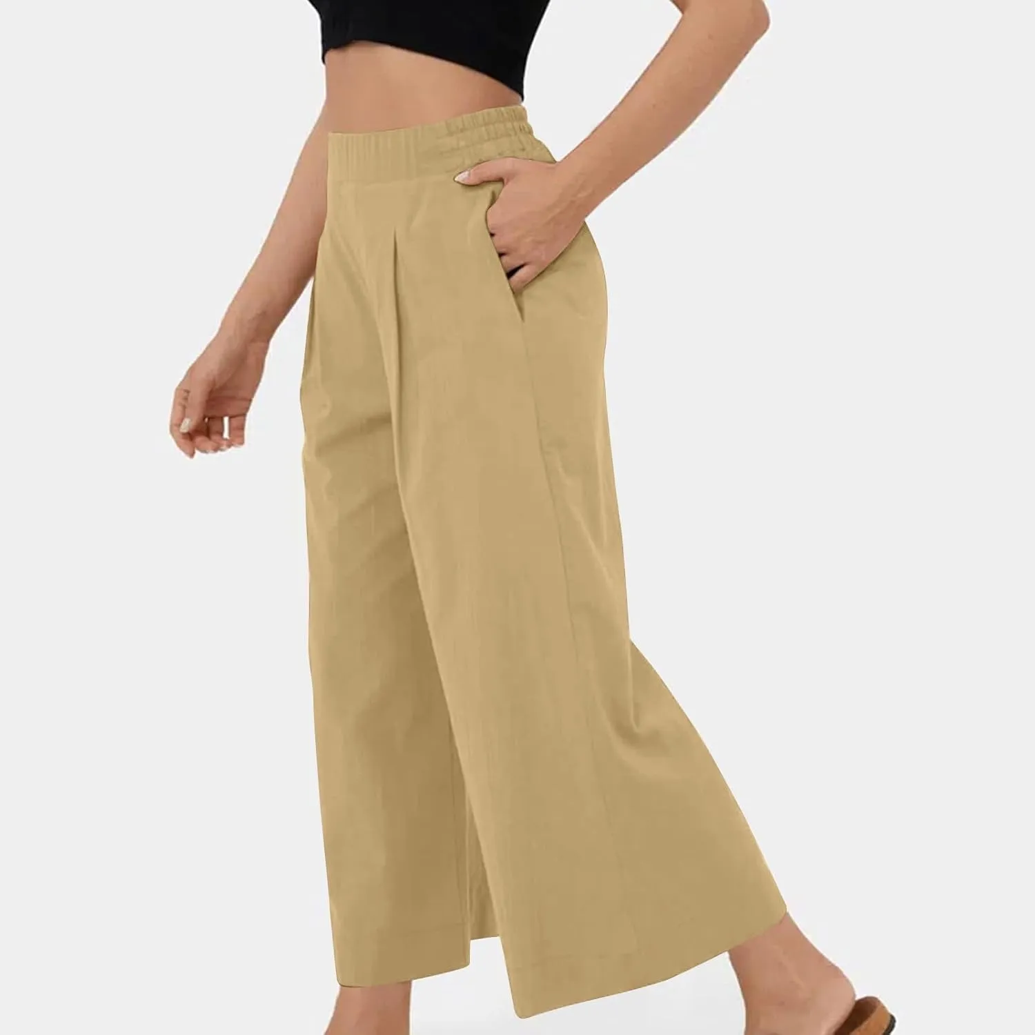 Miyaomn Women's Wide Leg Linen Palazzo Pants Lightweight High Waisted Beach Trousers Summer Business Office Work Suit Pants
