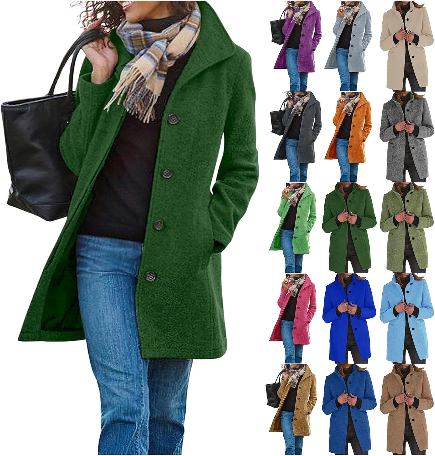 Mmoneyake Pea Coats for Women Single Breasted Stand Collar Casual Trench Coat Warm Winter Coats Wool Blazer Jacket Overcoat