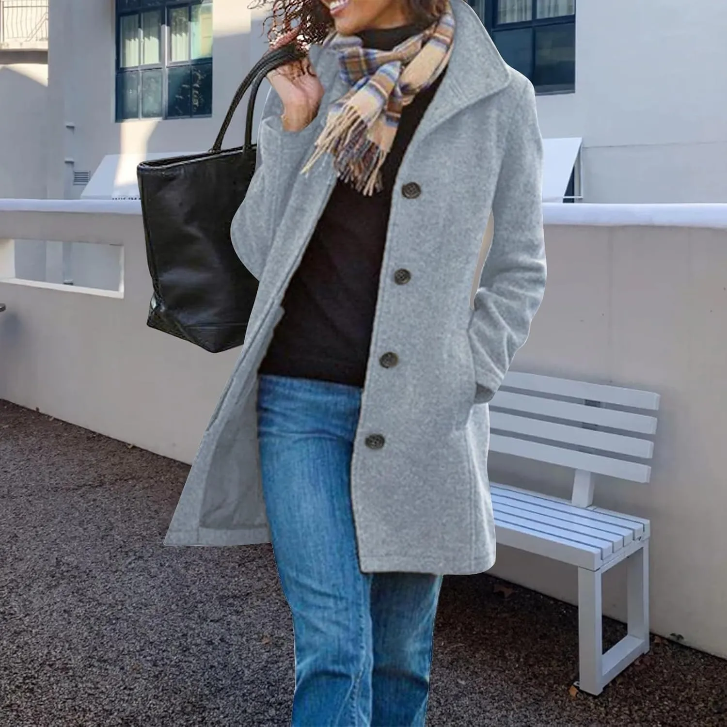 Mmoneyake Pea Coats for Women Single Breasted Stand Collar Casual Trench Coat Warm Winter Coats Wool Blazer Jacket Overcoat