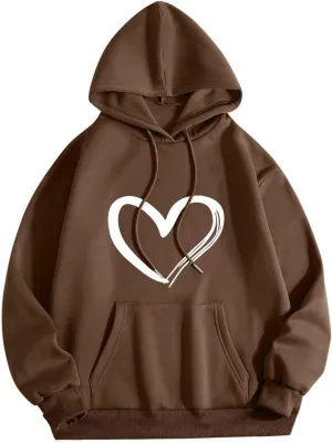 Mmoneyake Womens Graphic Hoodie Casual Heart Print Long Sleeve Pullover Fall Oversized Crew Neck Sweatshirt Trendy Streetwear