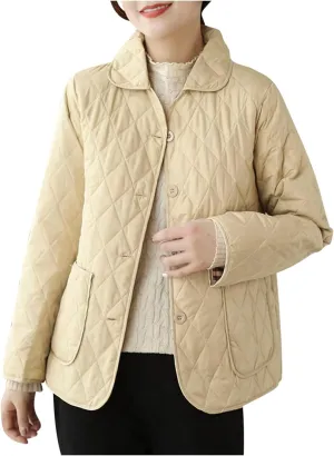 NATHGAM Lightweight Quilted Jackets for Women Winter Loose Fitted Diamond Padded Coats Textured Button Down Cotton Outwears