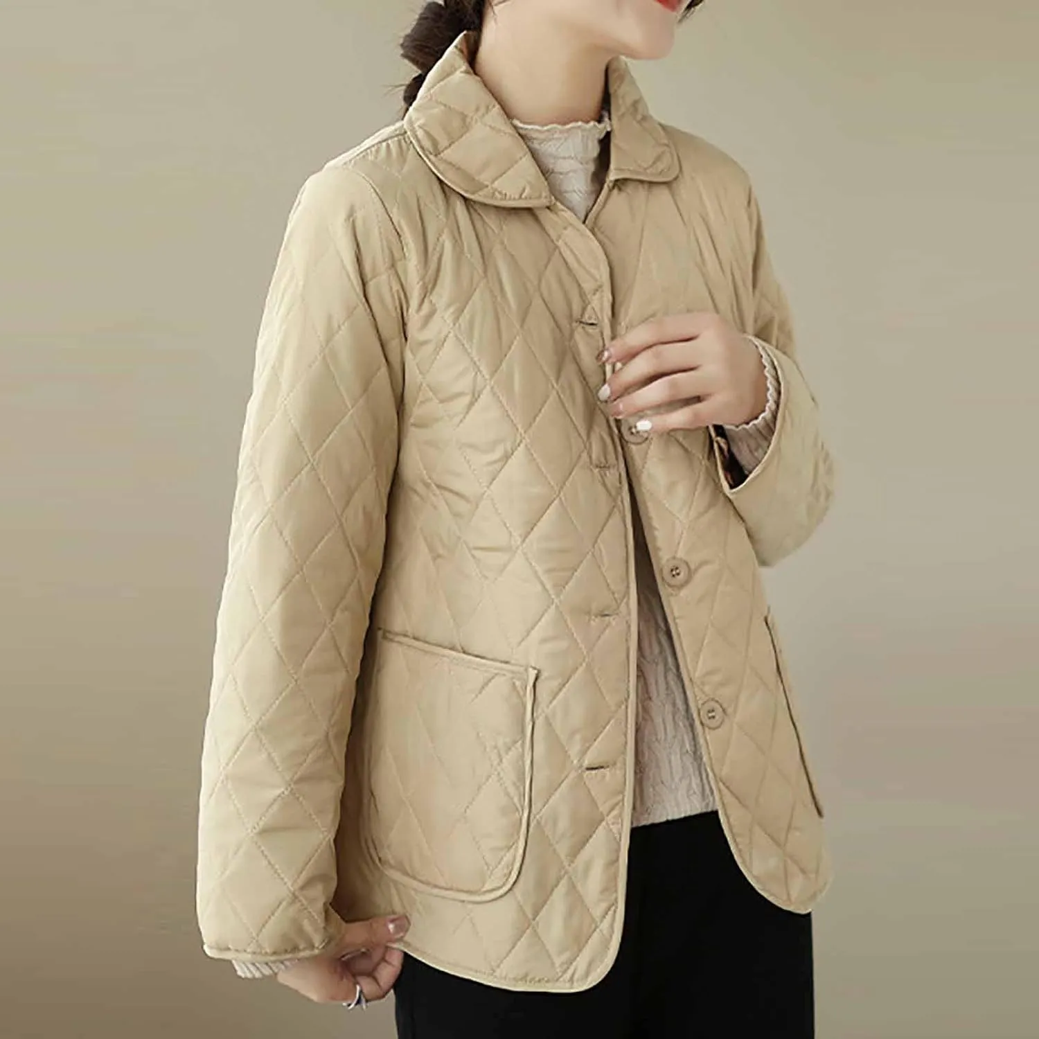 NATHGAM Lightweight Quilted Jackets for Women Winter Loose Fitted Diamond Padded Coats Textured Button Down Cotton Outwears