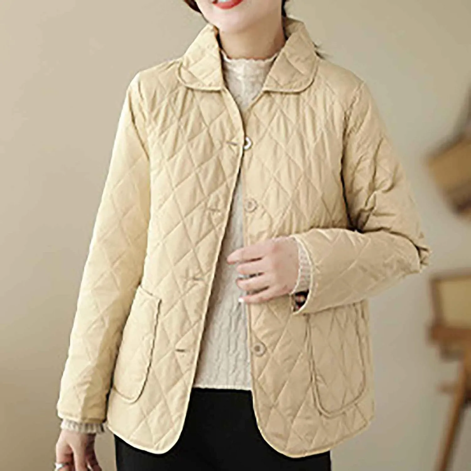 NATHGAM Lightweight Quilted Jackets for Women Winter Loose Fitted Diamond Padded Coats Textured Button Down Cotton Outwears