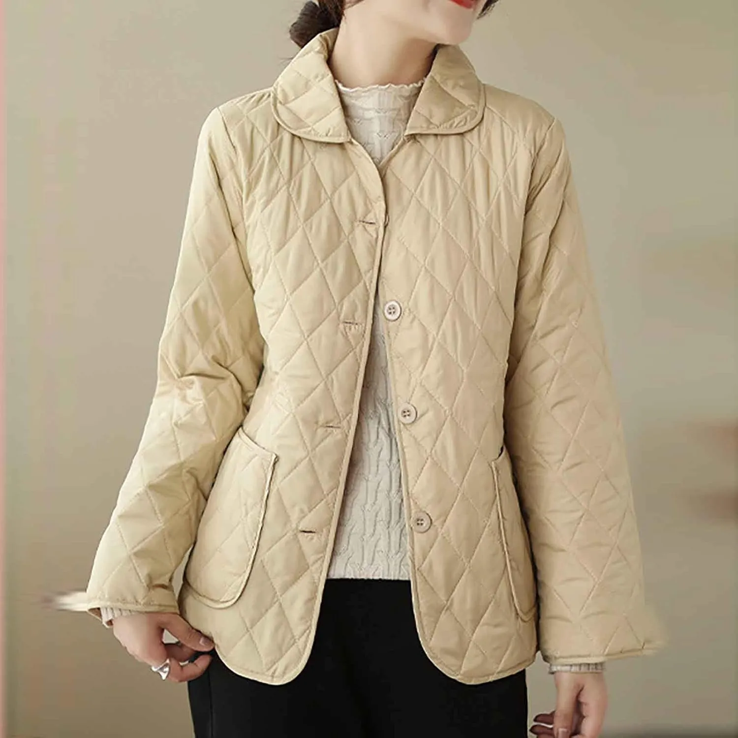 NATHGAM Lightweight Quilted Jackets for Women Winter Loose Fitted Diamond Padded Coats Textured Button Down Cotton Outwears
