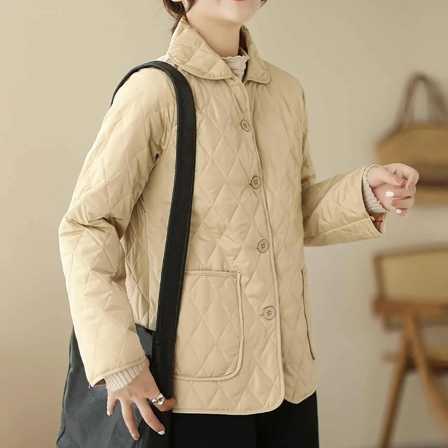 NATHGAM Lightweight Quilted Jackets for Women Winter Loose Fitted Diamond Padded Coats Textured Button Down Cotton Outwears