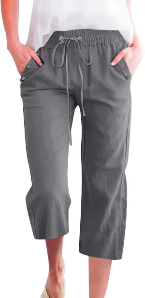 NBXNZWF Capri Pants for Women Cotton Linen 2025 Summer Casual Straight Wide Leg Cropped Pants Elastic High Waist Trousers