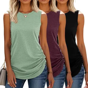 Neer 3 Pack Women's High Neck Tank Tops Cotton Ruched Side Crew Neck Sleeveless Shirts Soft Casual Summer Workout Tees
