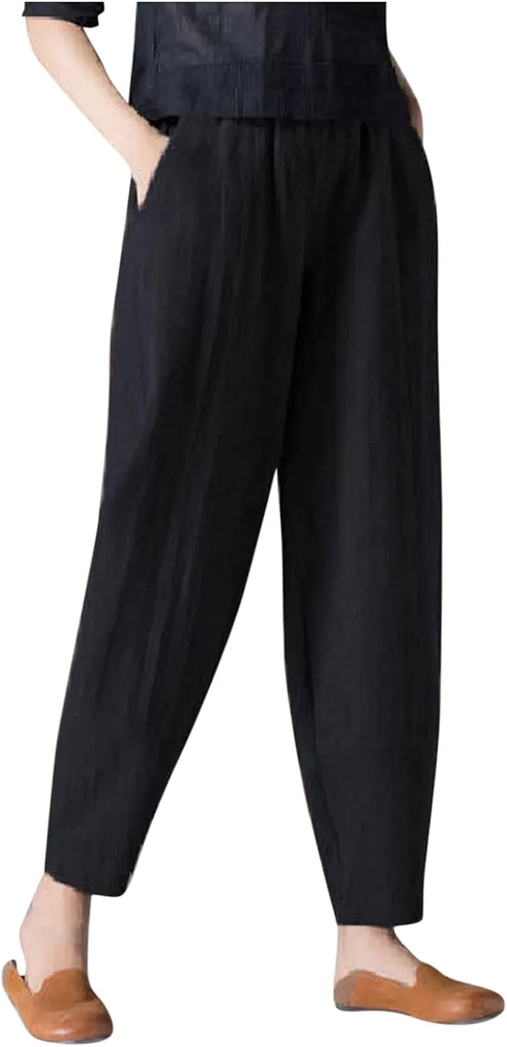 niuwa Womens Cotton and Linen Harem Pants Casual Loose Trousers with Pockets Summer Elastic Waist Boho Pants (Black, XXXL)