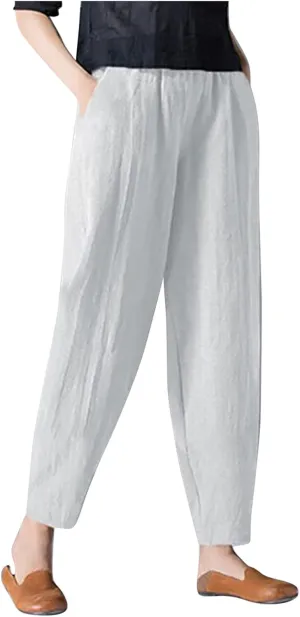 niuwa Womens Cotton and Linen Harem Pants Casual Loose Trousers with Pockets Summer Elastic Waist Boho Pants (White, L)