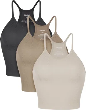 ODODOS Women's Crop 3-Pack Herringbone Knit Seamless Soft Camisole Crop Tank Tops