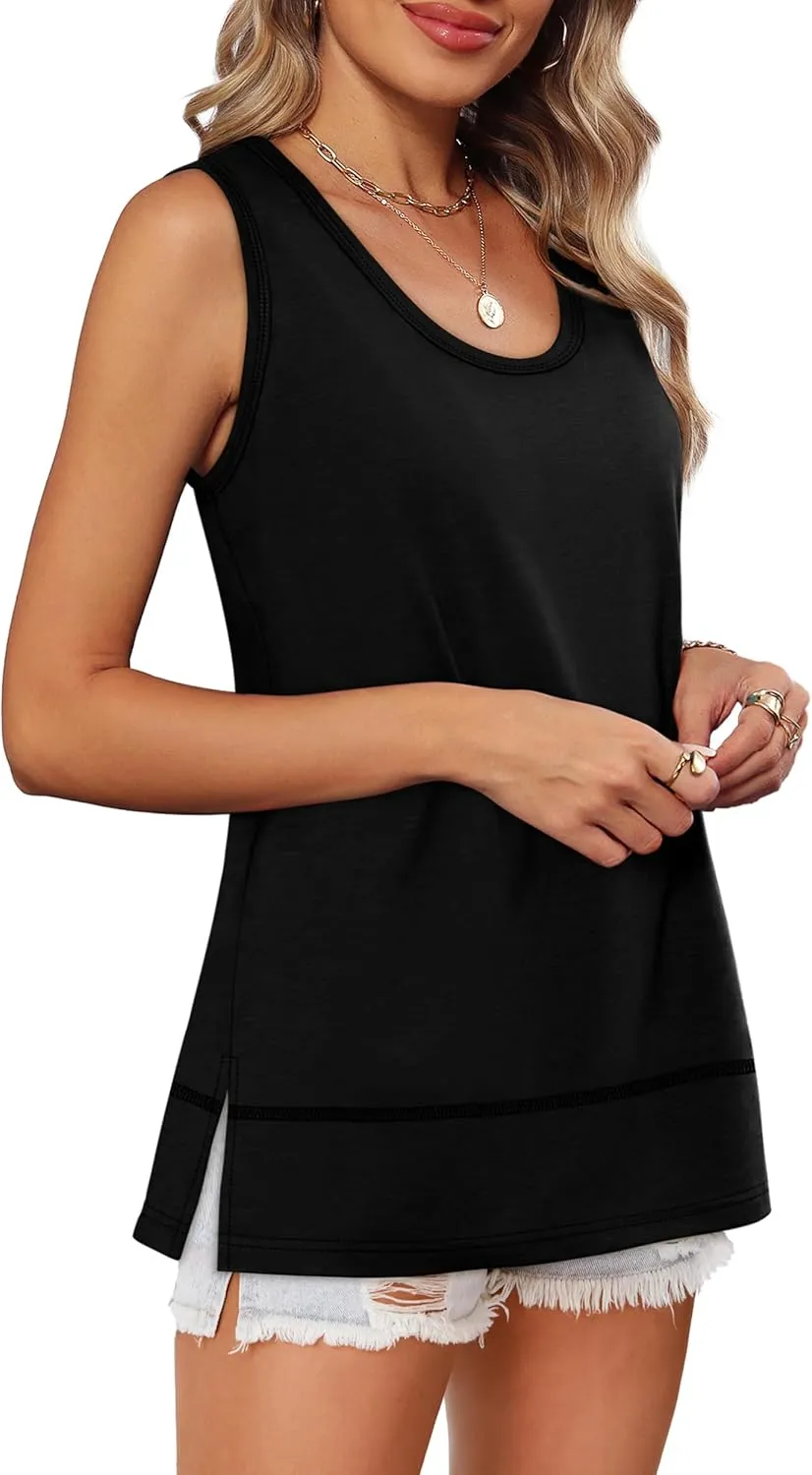 OFEEFAN Women's Side Slit Tank Tops Flowy Sleeveless Shirts Loose Fit Scoop Neck Tops Basic Casual S-4XL