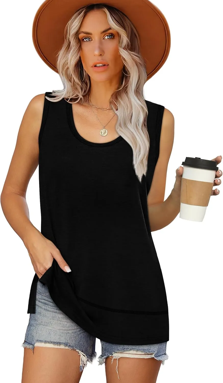 OFEEFAN Women's Side Slit Tank Tops Flowy Sleeveless Shirts Loose Fit Scoop Neck Tops Basic Casual S-4XL