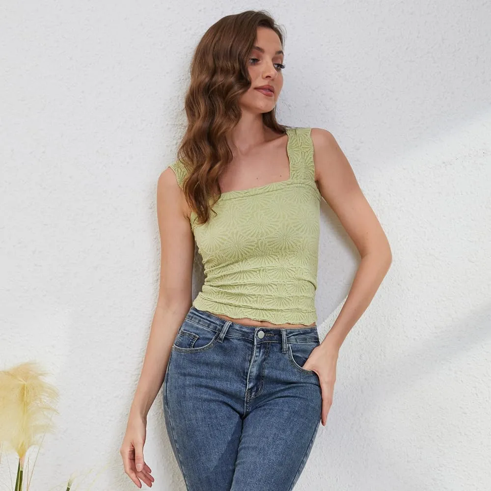 OLAPTA Womens Square Neck Wide Strap Flower Crop Tank Top Sleeveless Backless Lettuce Trim Solid Slim Fit Cropped Cami Vest