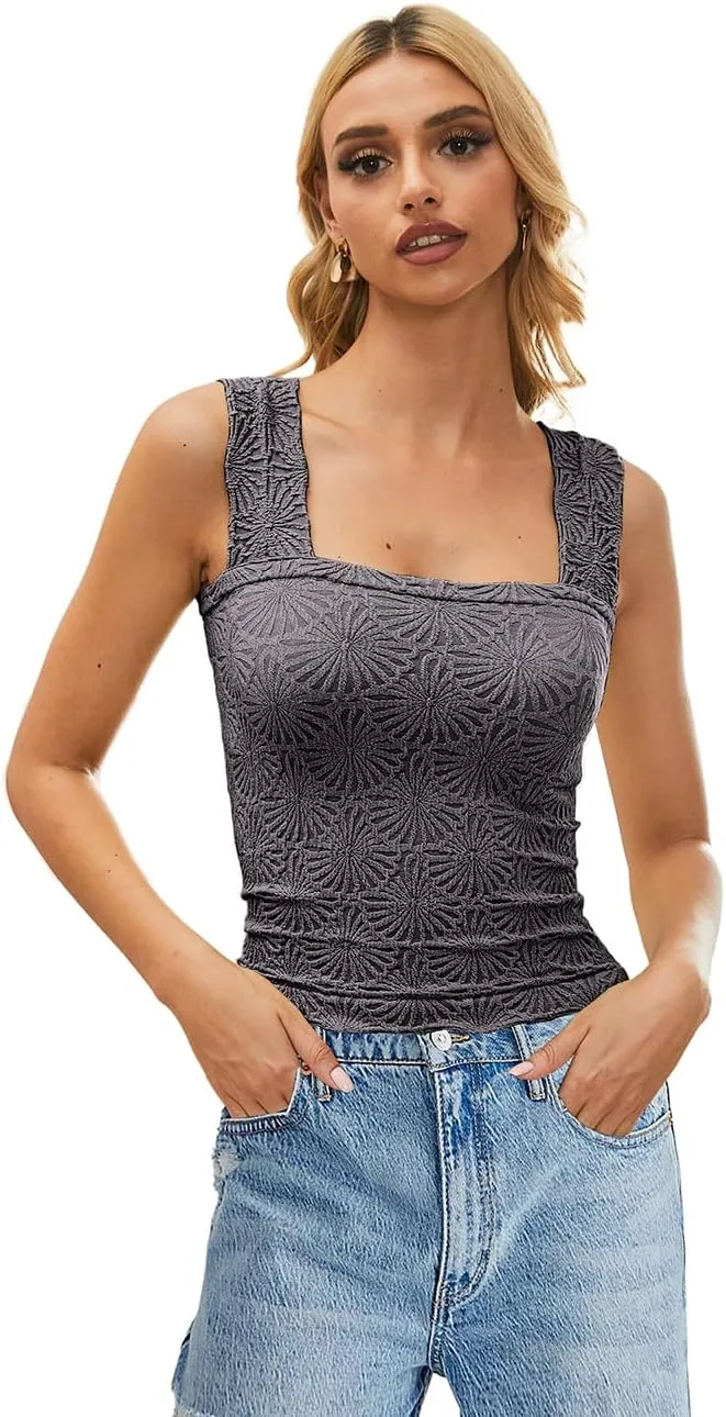 OLAPTA Womens Square Neck Wide Strap Flower Crop Tank Top Sleeveless Backless Lettuce Trim Solid Slim Fit Cropped Cami Vest