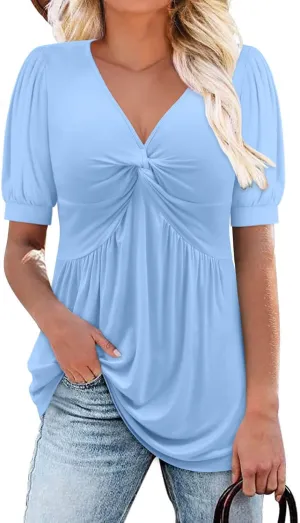 ONLYSHE Womens V Neck Shirts Short Sleeve Tops Front Knotted T Shirt Casual Solid&Floral Tunic Summer Henley Tees Blouse