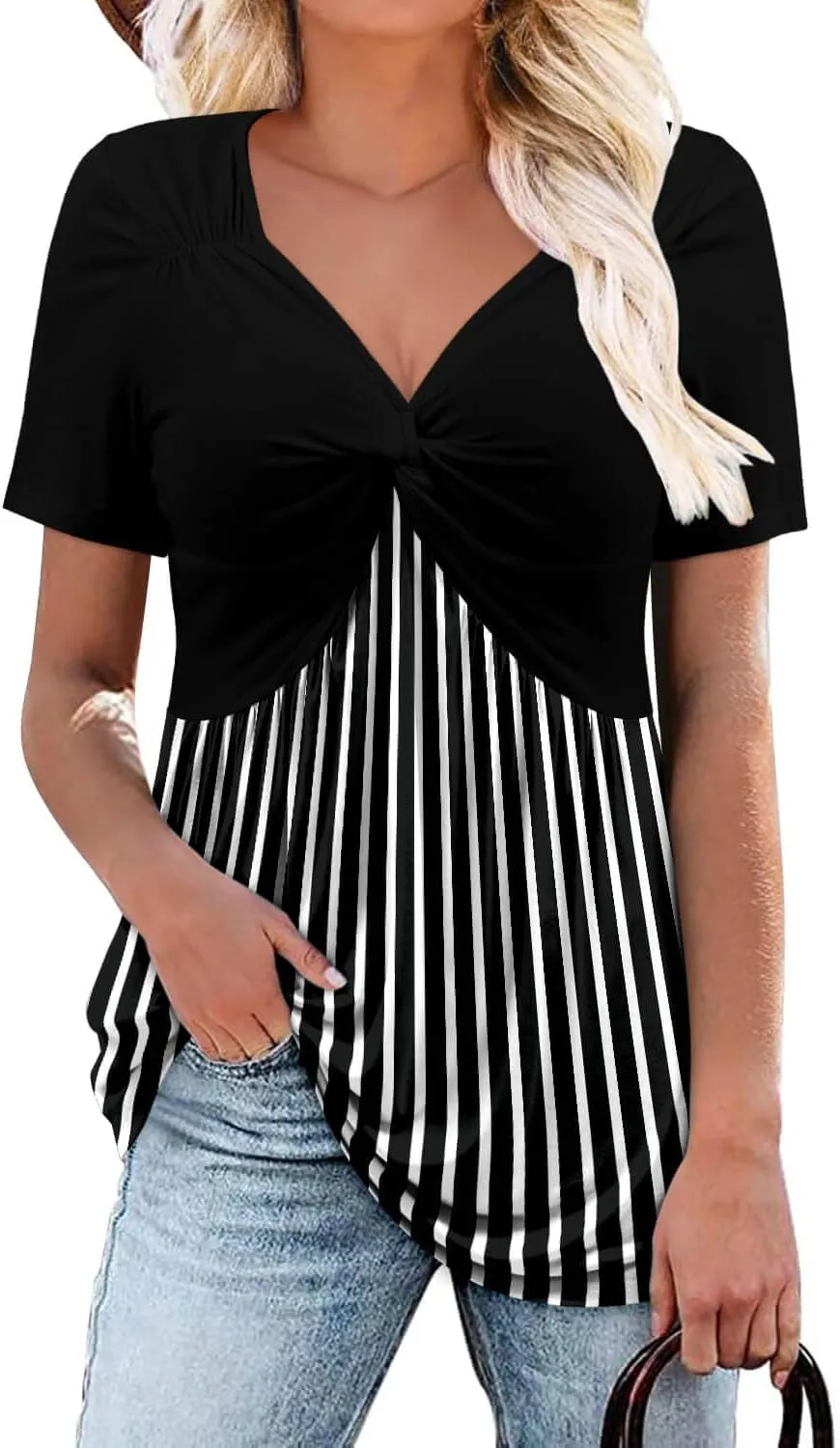 ONLYSHE Womens V Neck Shirts Short Sleeve Tops Front Knotted T Shirt Casual Solid&Floral Tunic Summer Henley Tees Blouse