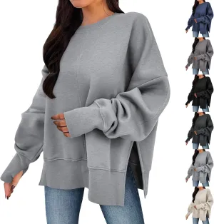 Oversized Sweatshirts for Women Loose Fit Long Sleeve Crew Neck Sweatshirts Casual Split Hem Thumb Hole Pullover