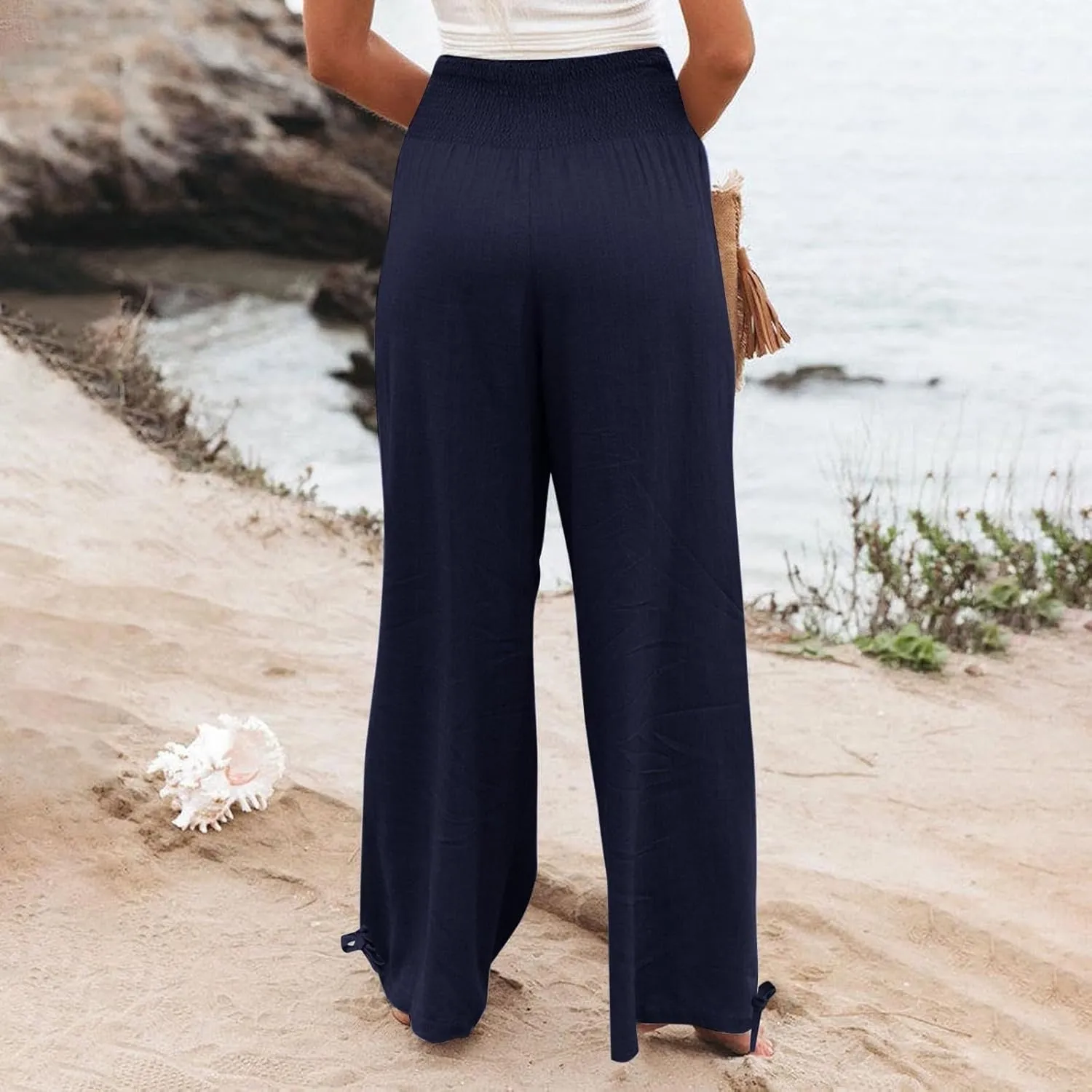 Pants for Women High Waisted Pant Wide Leg Linen Pants Palazzo Trousers Pull On Elastic Smock Waist Loose Flowy Pants
