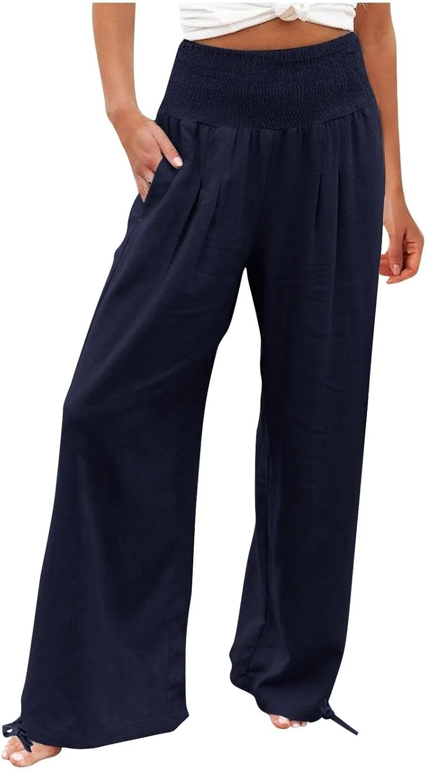Pants for Women High Waisted Pant Wide Leg Linen Pants Palazzo Trousers Pull On Elastic Smock Waist Loose Flowy Pants