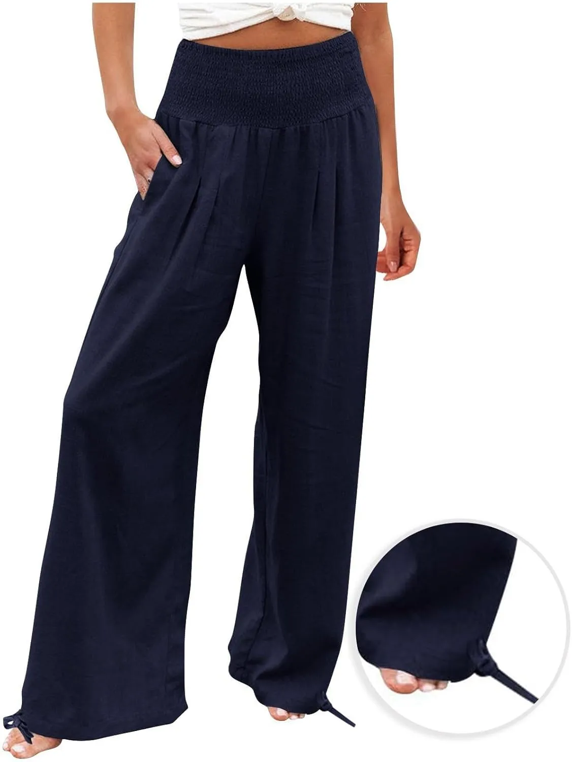 Pants for Women High Waisted Pant Wide Leg Linen Pants Palazzo Trousers Pull On Elastic Smock Waist Loose Flowy Pants