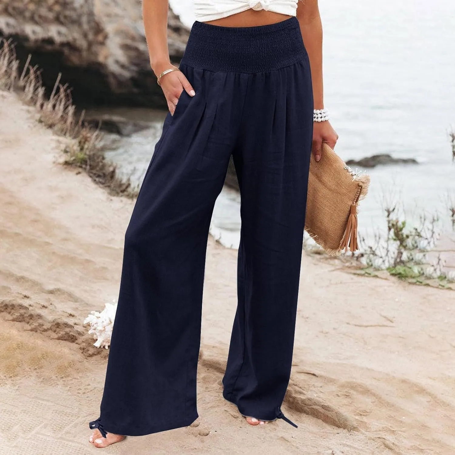Pants for Women High Waisted Pant Wide Leg Linen Pants Palazzo Trousers Pull On Elastic Smock Waist Loose Flowy Pants